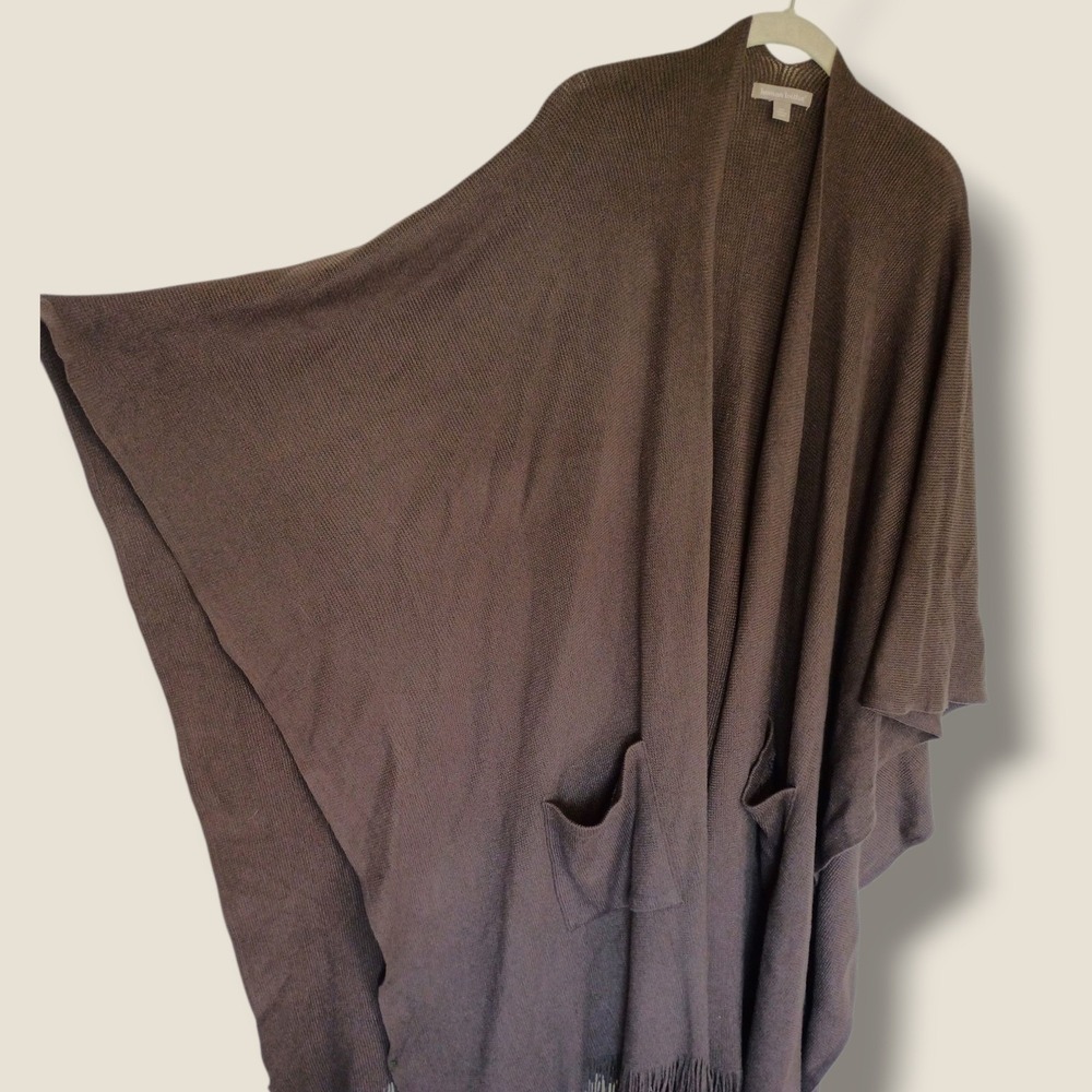 Woman Within Brown Open Front Fringe Hem Poncho Cape Pockets Oversized Cabincore - Picture 6 of 12